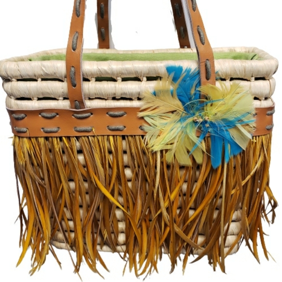 Vintage BACAMUNDA Rattan Feather & Straw Tote Bag - Picture 2 of 10